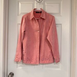 Relativity Pink Button-Down Shirt with Floral Embroidery